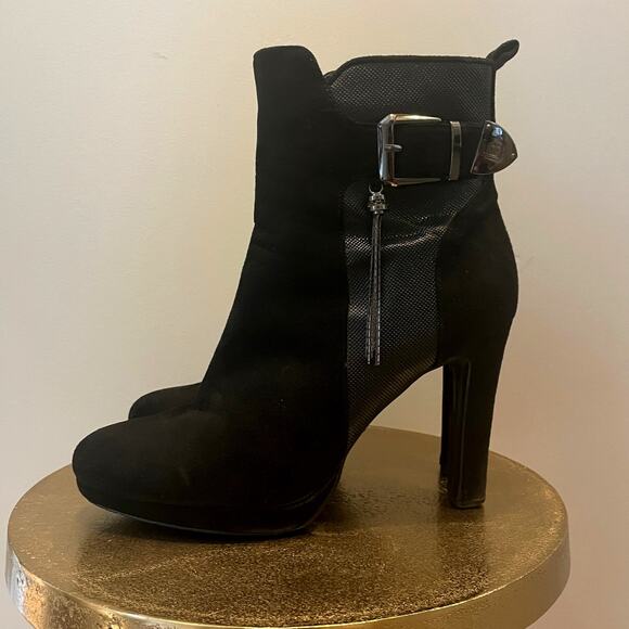 Laura Biagiotti Black Suede Platform Heels Boots | 38, US 7.5, 8 Stilleto Tassel - Picture 4 of 9